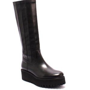ITALIAN Black Leather Stretch Over Mid-Calf Boots